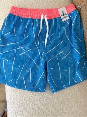 chubbies Blue Palm-Print Swimsuit  with Coral Waistband